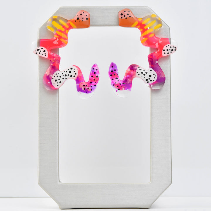 Squiggle Abstract Art Doodle Earrings, Pink & Orange - Goldmakers Fine Jewelry