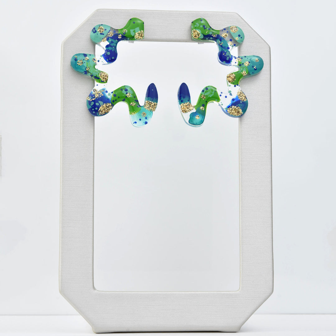 Squiggle Abstract Art Wavy Earrings, Blue & Green - Goldmakers Fine Jewelry