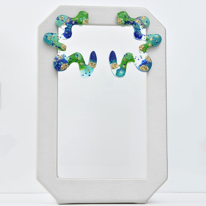 Squiggle Abstract Art Wavy Earrings, Blue & Green - Goldmakers Fine Jewelry