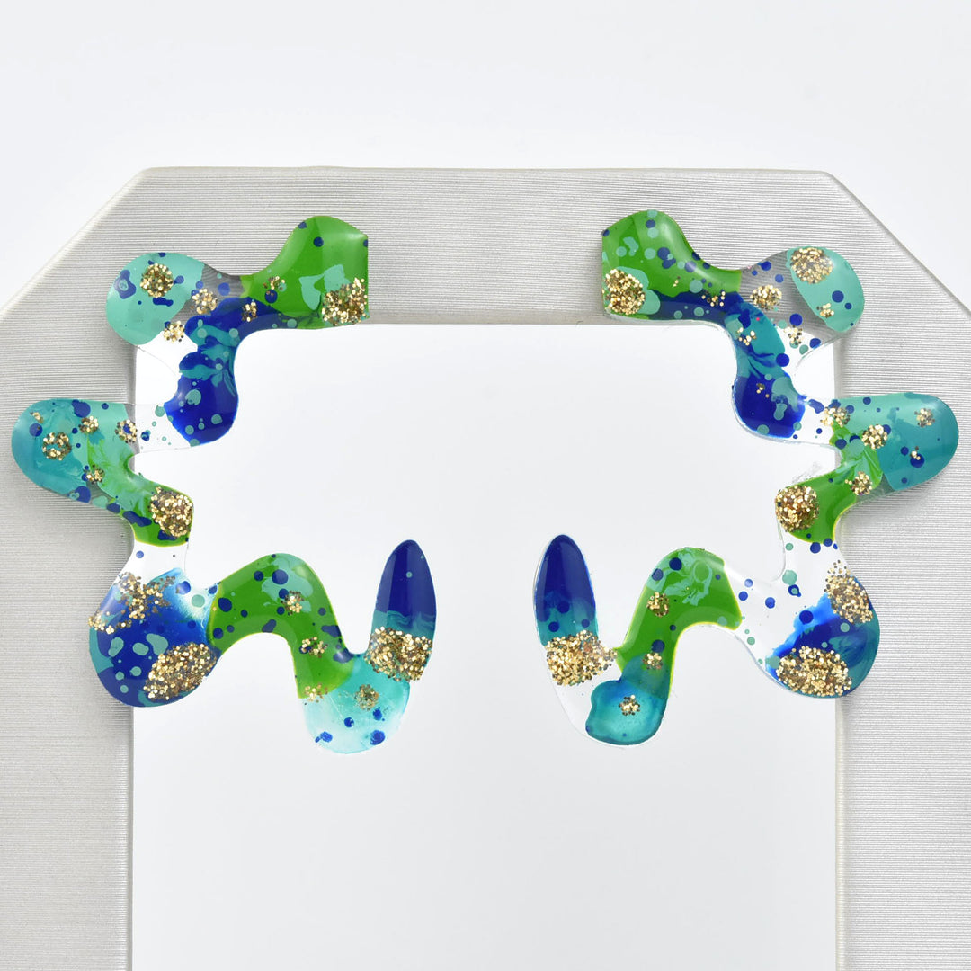 Squiggle Abstract Art Wavy Earrings, Blue & Green - Goldmakers Fine Jewelry