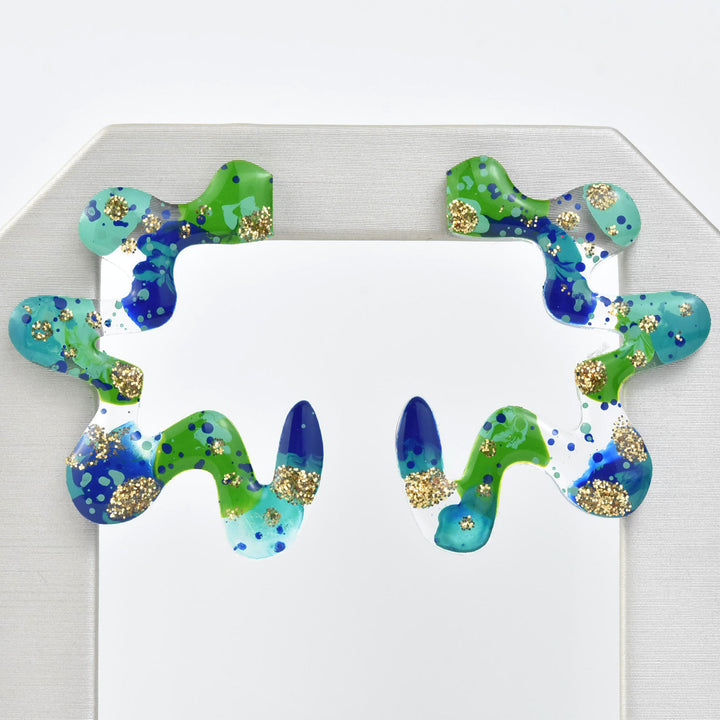 Squiggle Abstract Art Wavy Earrings, Blue & Green - Goldmakers Fine Jewelry