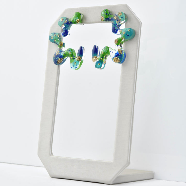 Squiggle Abstract Art Wavy Earrings, Blue & Green - Goldmakers Fine Jewelry