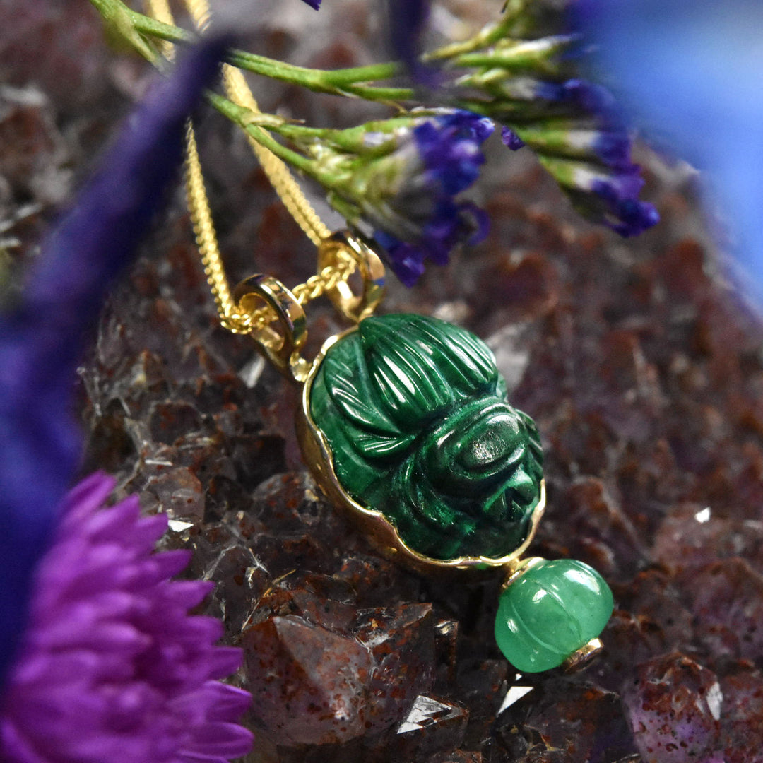 Malachite Scarab and Emerald Melon Necklace in Gold - Goldmakers Fine Jewelry
