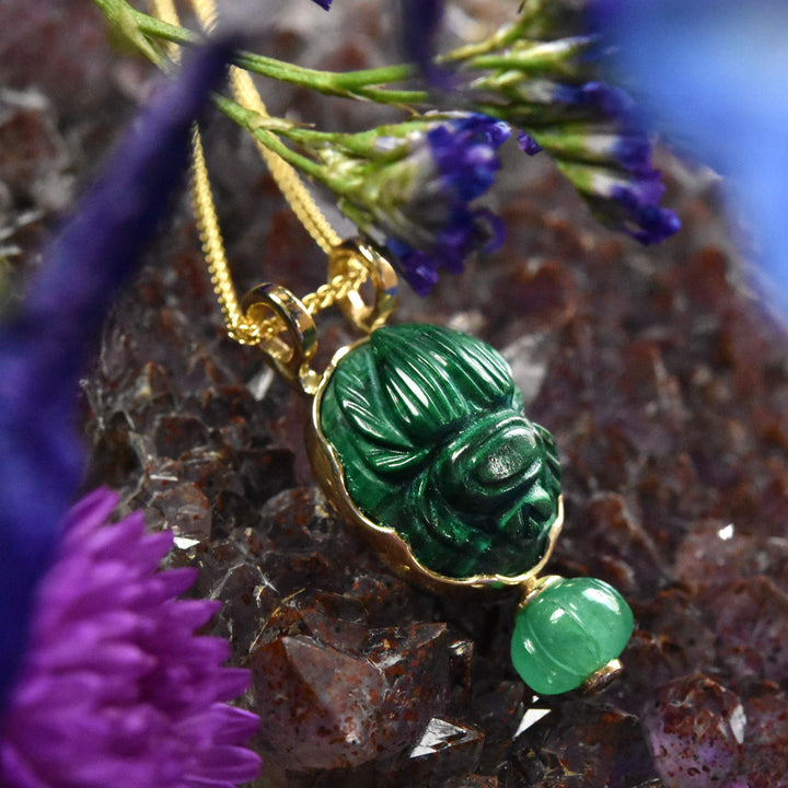 Malachite Scarab and Emerald Melon Necklace in Gold - Goldmakers Fine Jewelry