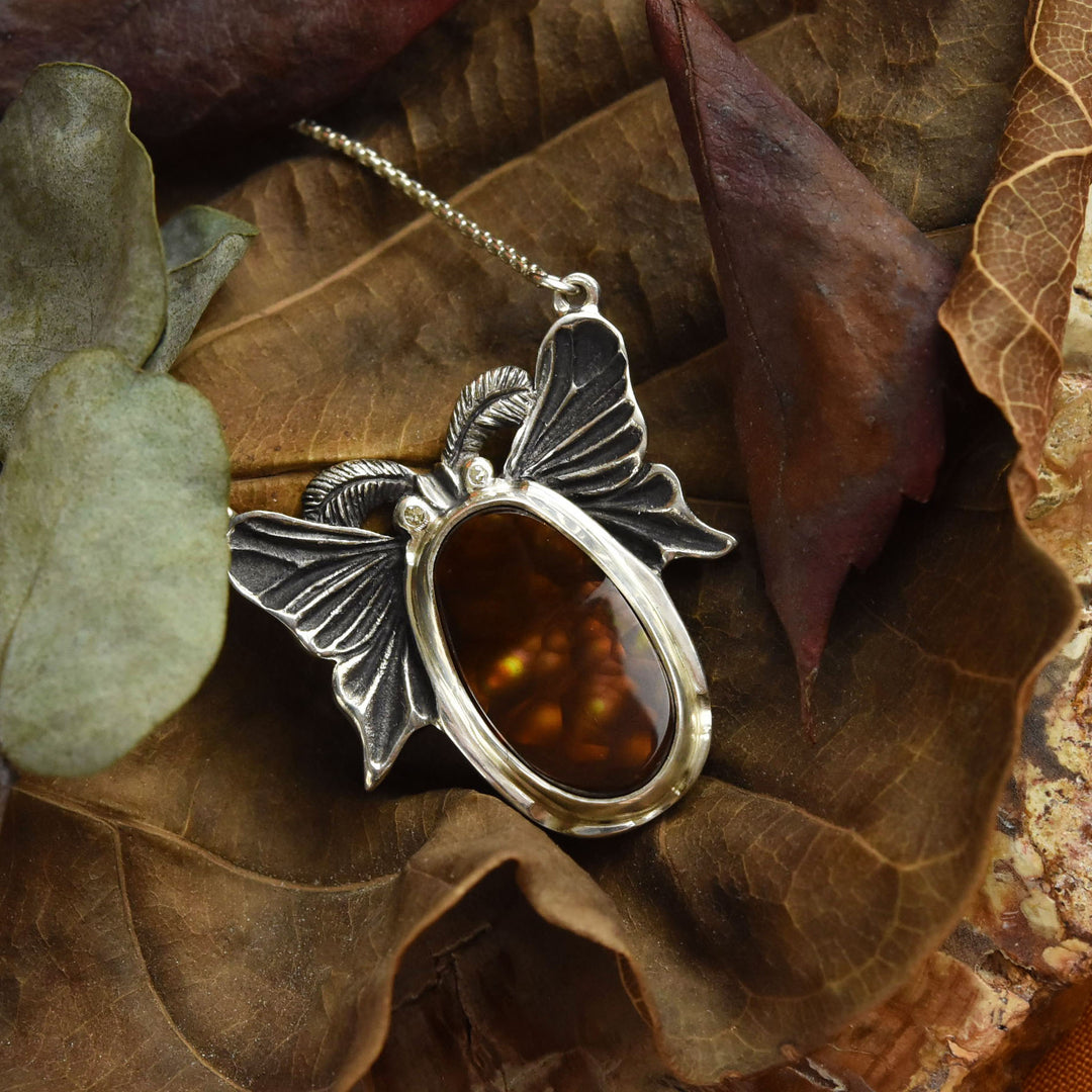 Fire Agate Luna Moth Necklace - Goldmakers Fine Jewelry