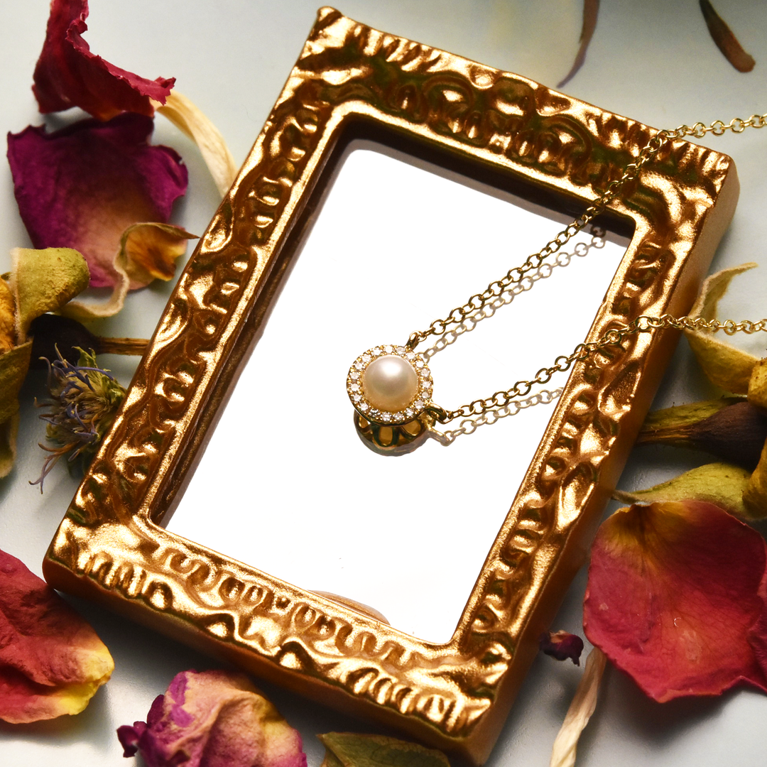 Pearl and Diamond Halo Necklace - Goldmakers Fine Jewelry