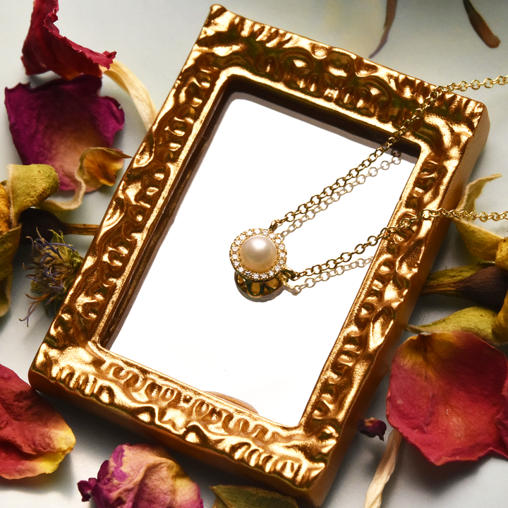 Pearl and Diamond Halo Necklace - Goldmakers Fine Jewelry