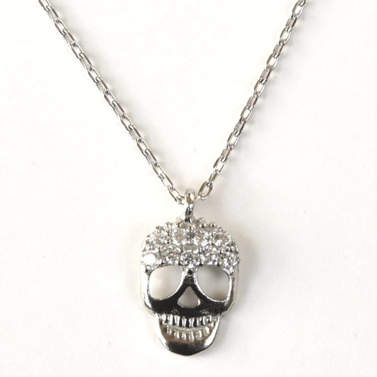 Silver Memento Mori Necklace with Crystals - Goldmakers Fine Jewelry