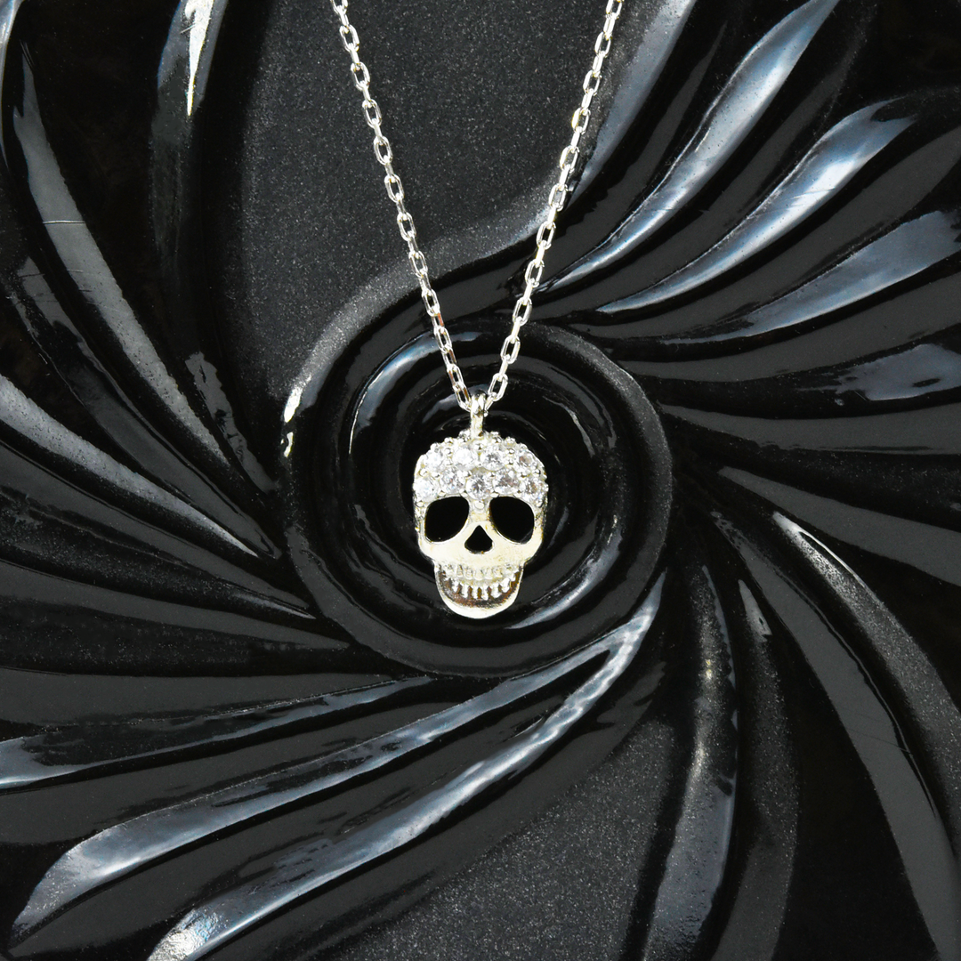Silver Memento Mori Necklace with Crystals - Goldmakers Fine Jewelry