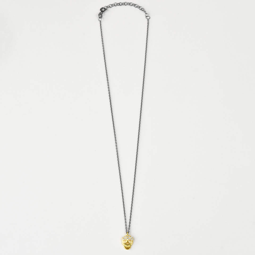 Mixed Metal Memento Mori Necklace with Crystals - Goldmakers Fine Jewelry