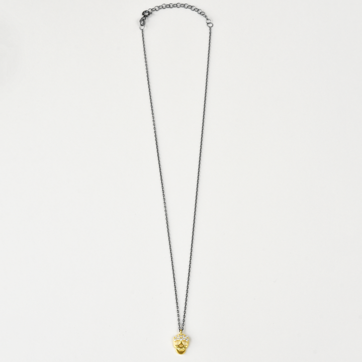 Mixed Metal Memento Mori Necklace with Crystals - Goldmakers Fine Jewelry