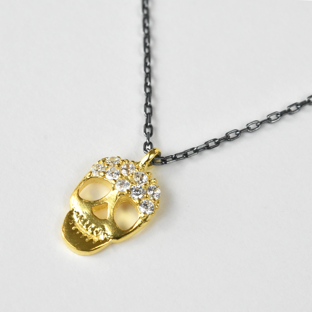 Mixed Metal Memento Mori Necklace with Crystals - Goldmakers Fine Jewelry
