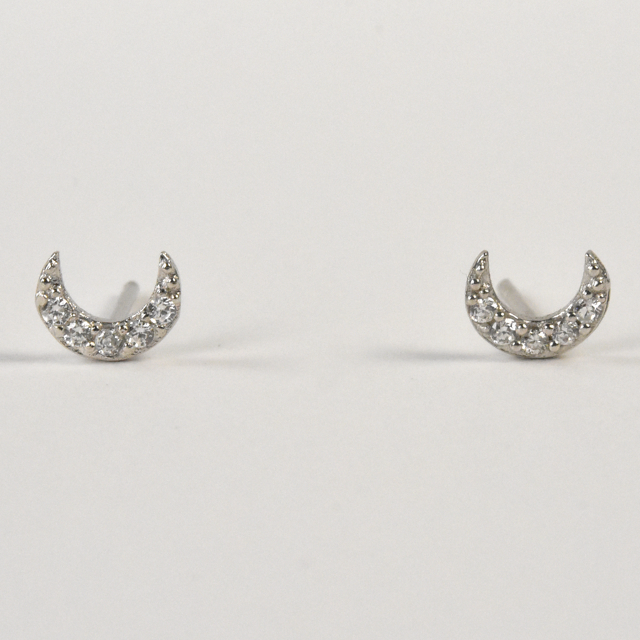 Crystal Encrusted Silver Crescent Moon Studs - Goldmakers Fine Jewelry