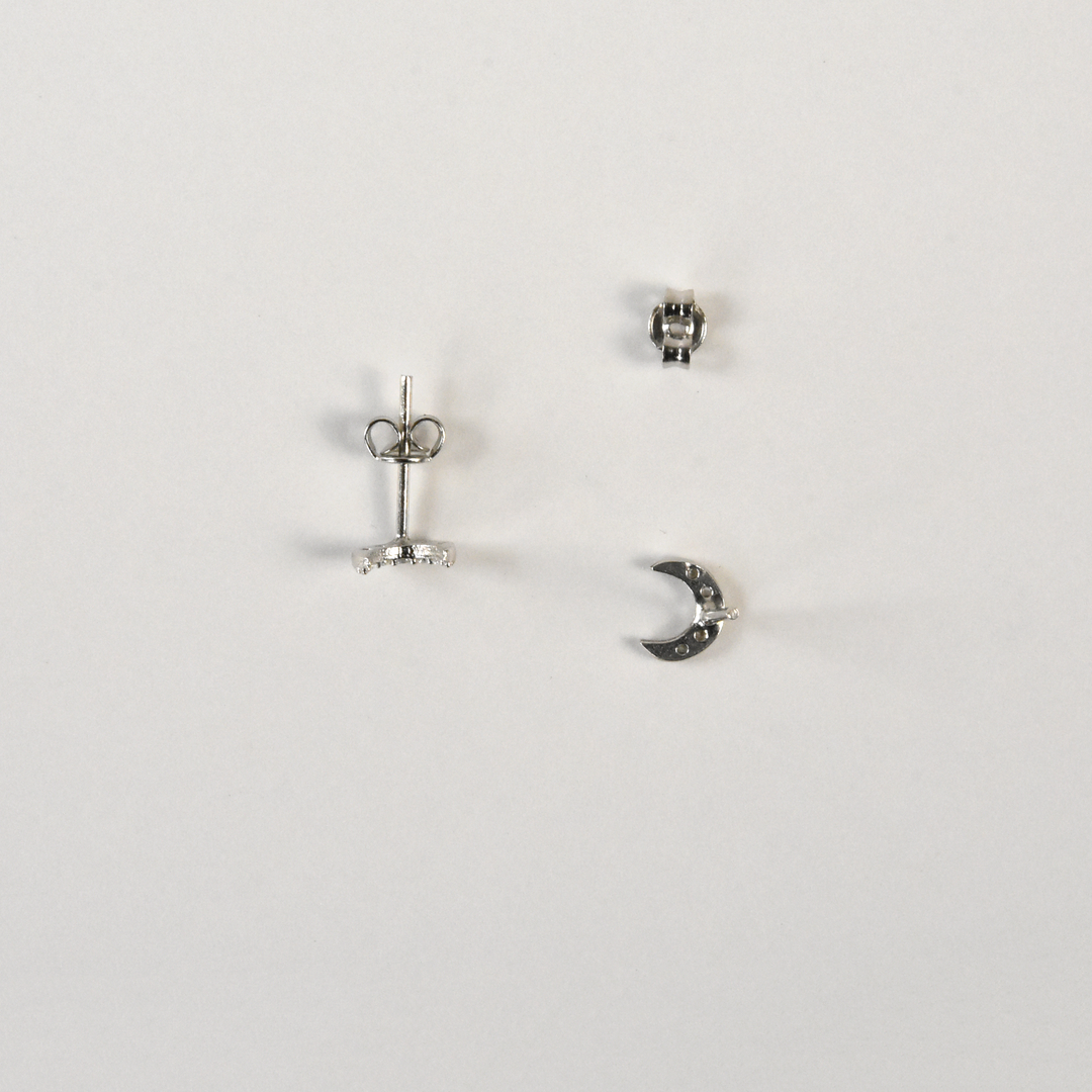 Crystal Encrusted Silver Crescent Moon Studs - Goldmakers Fine Jewelry