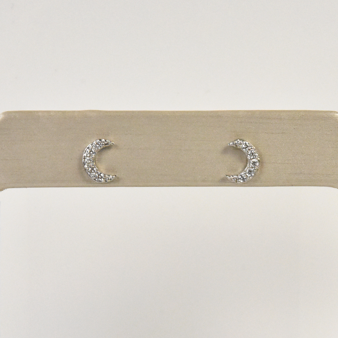 Crystal Encrusted Silver Crescent Moon Studs - Goldmakers Fine Jewelry