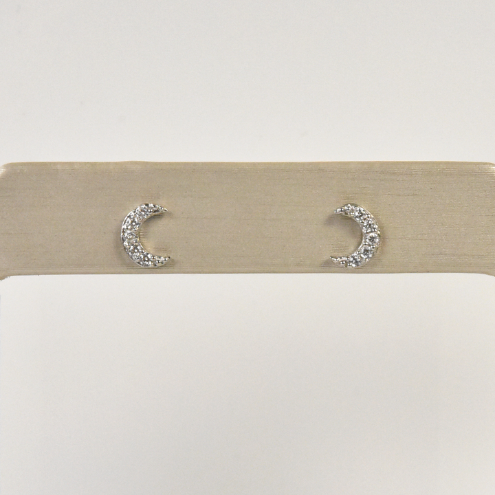 Crystal Encrusted Silver Crescent Moon Studs - Goldmakers Fine Jewelry