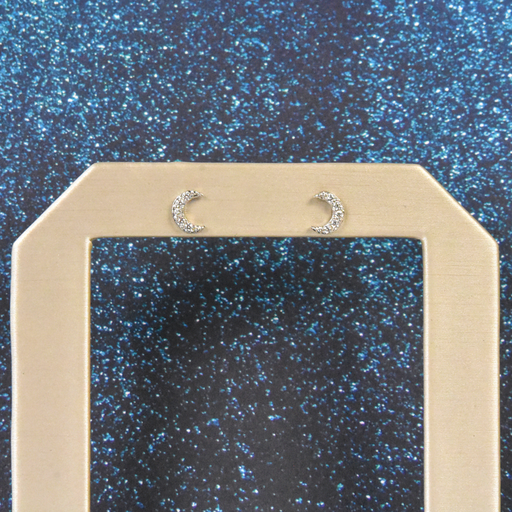 Crystal Encrusted Silver Crescent Moon Studs - Goldmakers Fine Jewelry