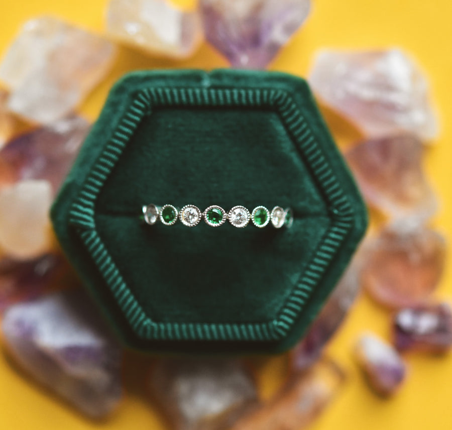 Petite Diamond and Emerald Gold Ring - Goldmakers Fine Jewelry