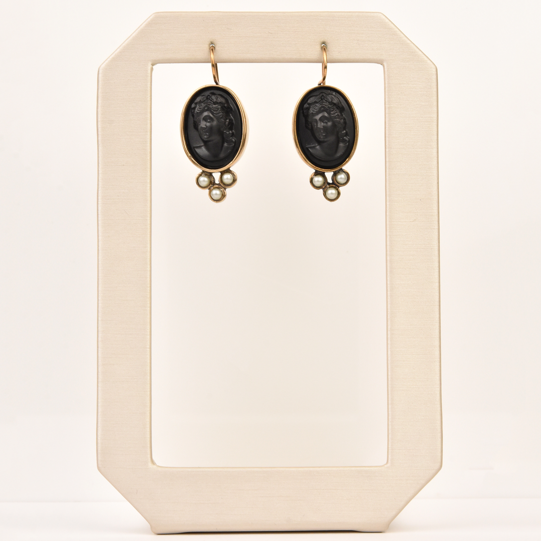 Medium Jet Glass Cameo Earrings - Goldmakers Fine Jewelry