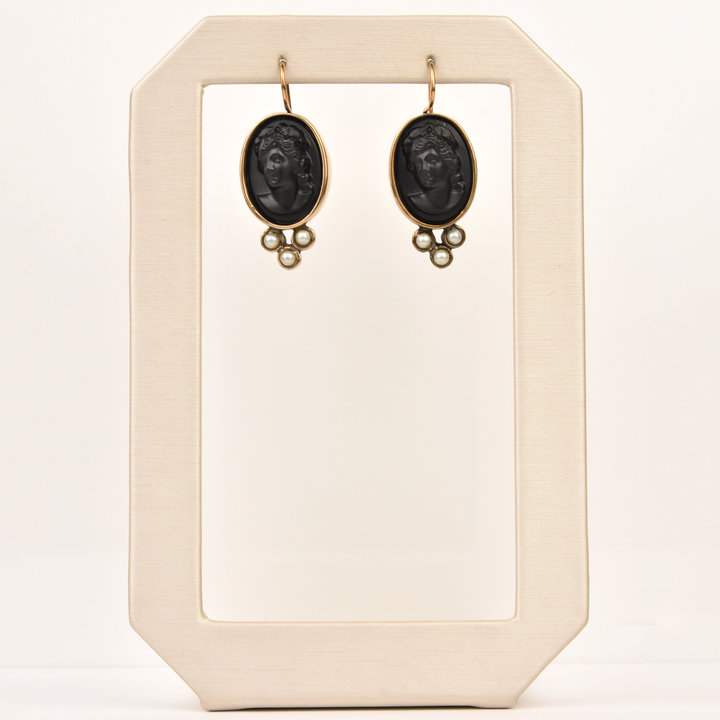 Medium Jet Glass Cameo Earrings - Goldmakers Fine Jewelry
