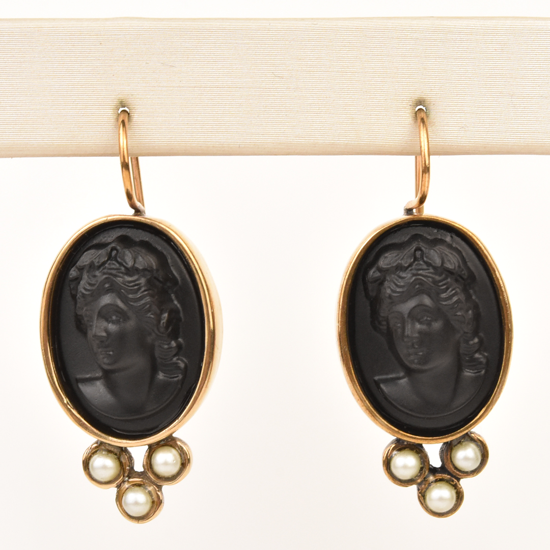 Medium Jet Glass Cameo Earrings - Goldmakers Fine Jewelry