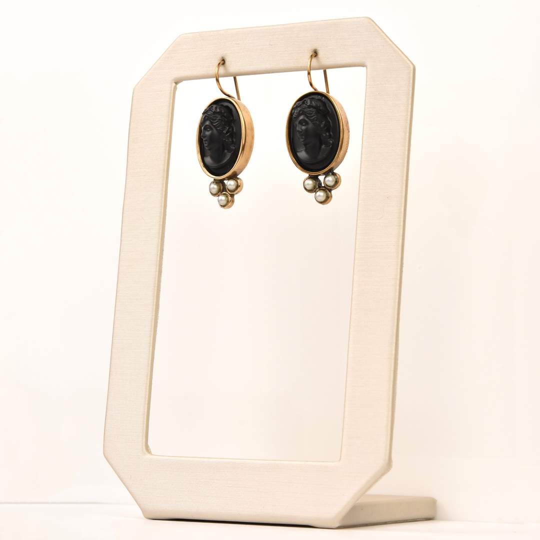 Medium Jet Glass Cameo Earrings - Goldmakers Fine Jewelry