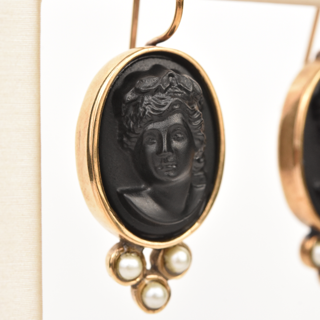 Medium Jet Glass Cameo Earrings - Goldmakers Fine Jewelry