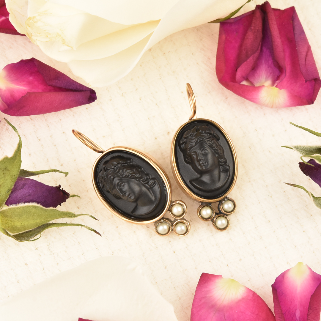 Medium Jet Glass Cameo Earrings - Goldmakers Fine Jewelry