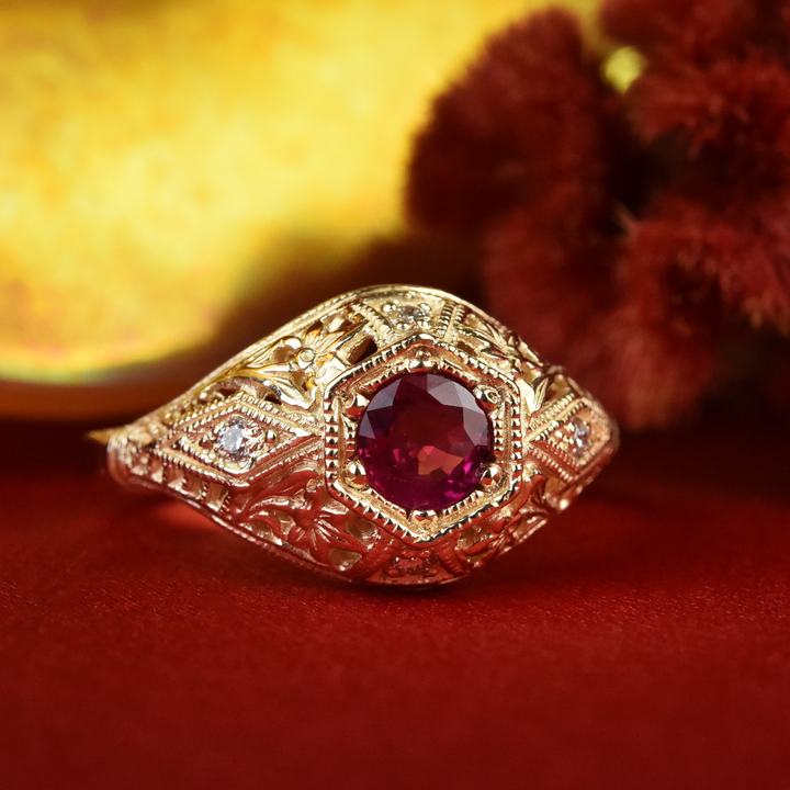 Lily Filigree Ring in Yellow Gold and Ruby - Goldmakers Fine Jewelry