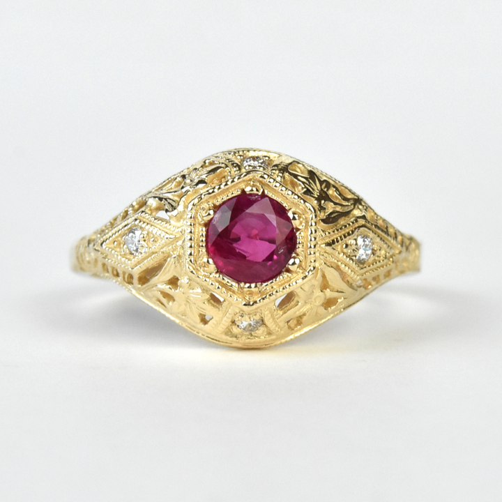 Lily Filigree Ring in Yellow Gold and Ruby - Goldmakers Fine Jewelry