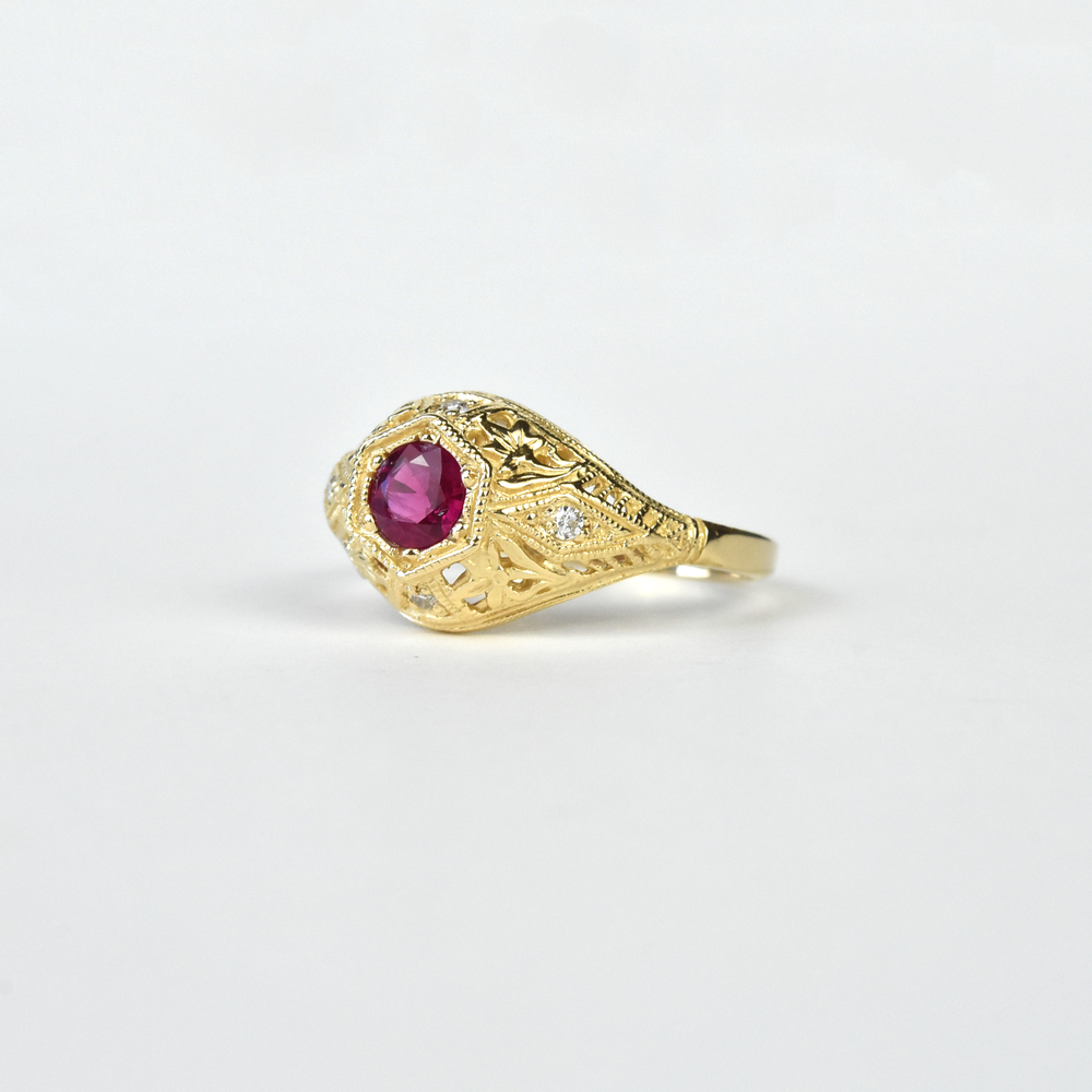Lily Filigree Ring in Yellow Gold and Ruby - Goldmakers Fine Jewelry