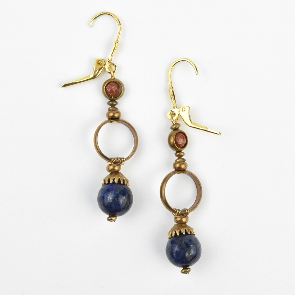 Lapis and Goldstone Circle Earrings - Goldmakers Fine Jewelry