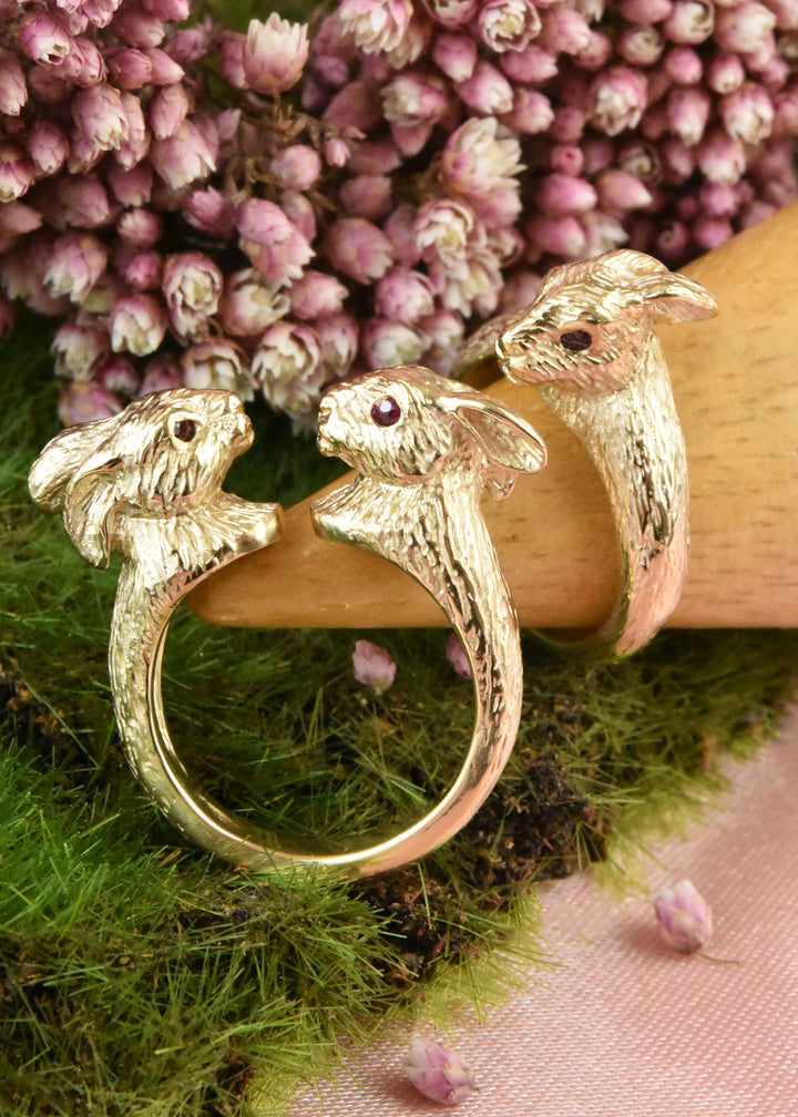 Lucky Golden Rabbits Ring in Gold with Rubies - Goldmakers Fine Jewelry