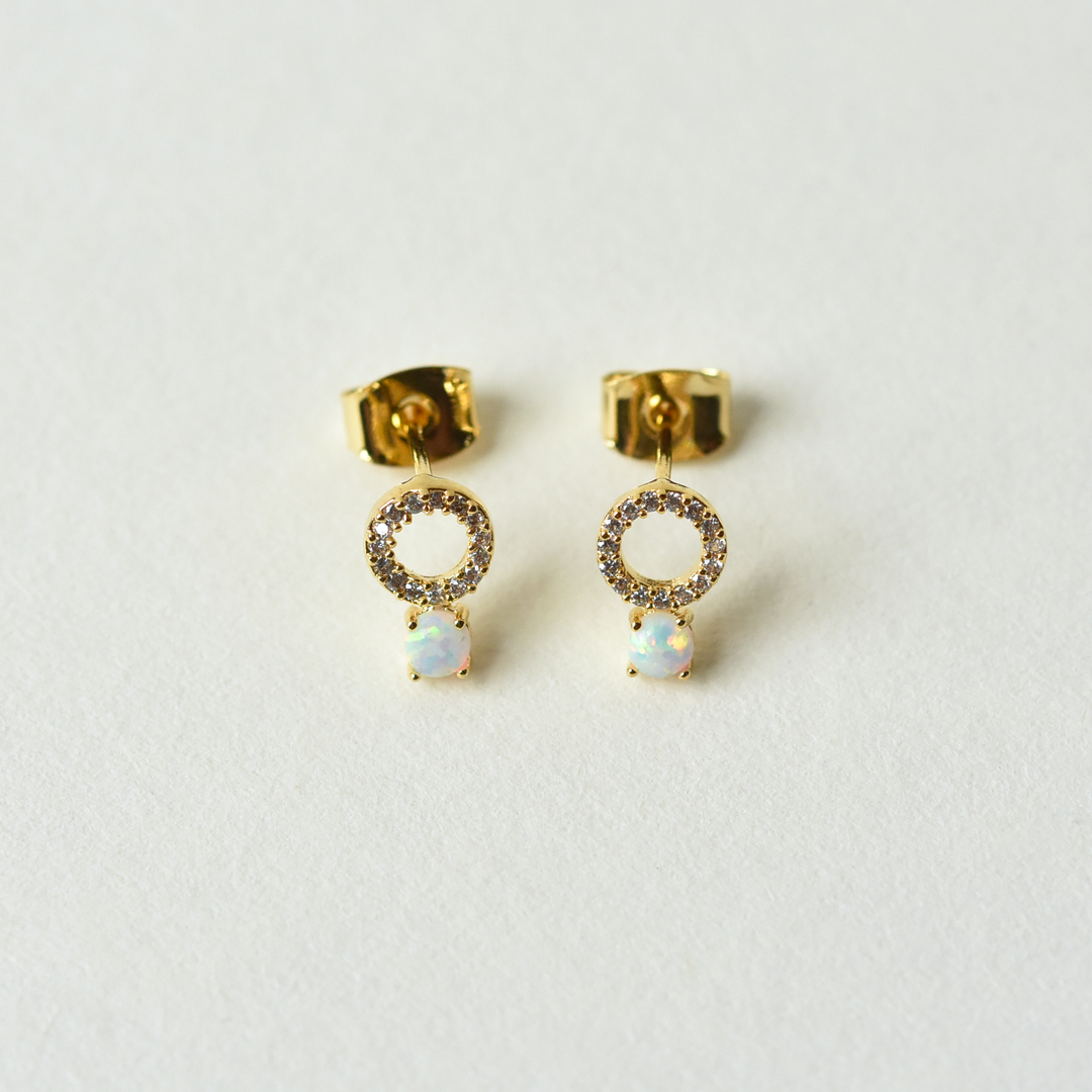 Petite CZ Circle and Opal Studs - Goldmakers Fine Jewelry