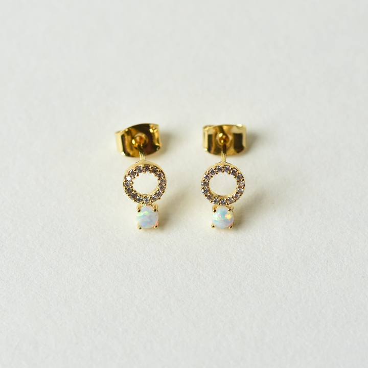 Petite CZ Circle and Opal Studs - Goldmakers Fine Jewelry