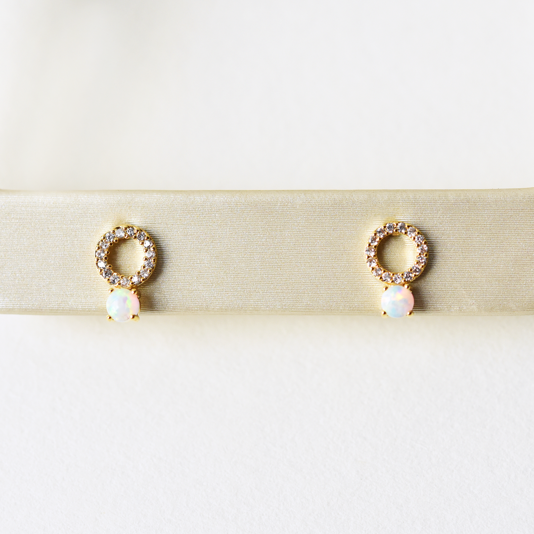 Petite CZ Circle and Opal Studs - Goldmakers Fine Jewelry