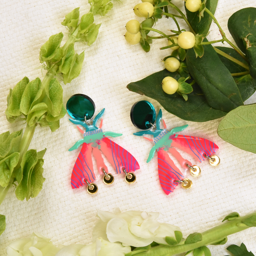 Neon Pink Geometric Moth Earrings - Goldmakers Fine Jewelry