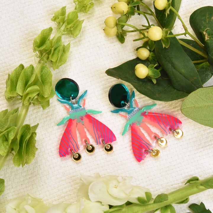 Neon Pink Geometric Moth Earrings - Goldmakers Fine Jewelry