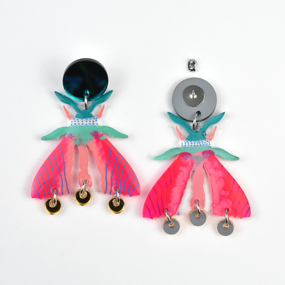 Neon Pink Geometric Moth Earrings - Goldmakers Fine Jewelry