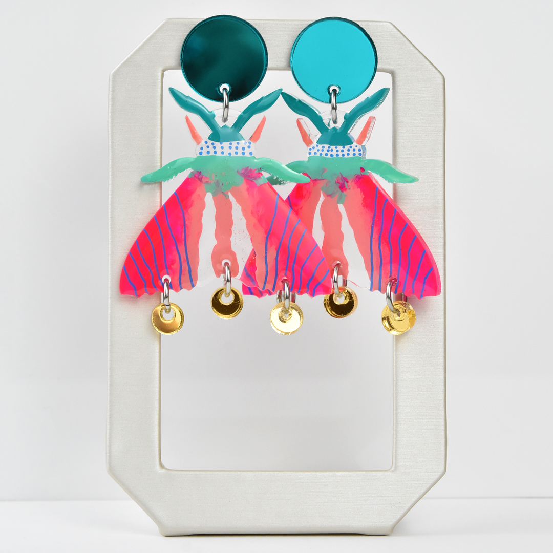 Neon Pink Geometric Moth Earrings - Goldmakers Fine Jewelry