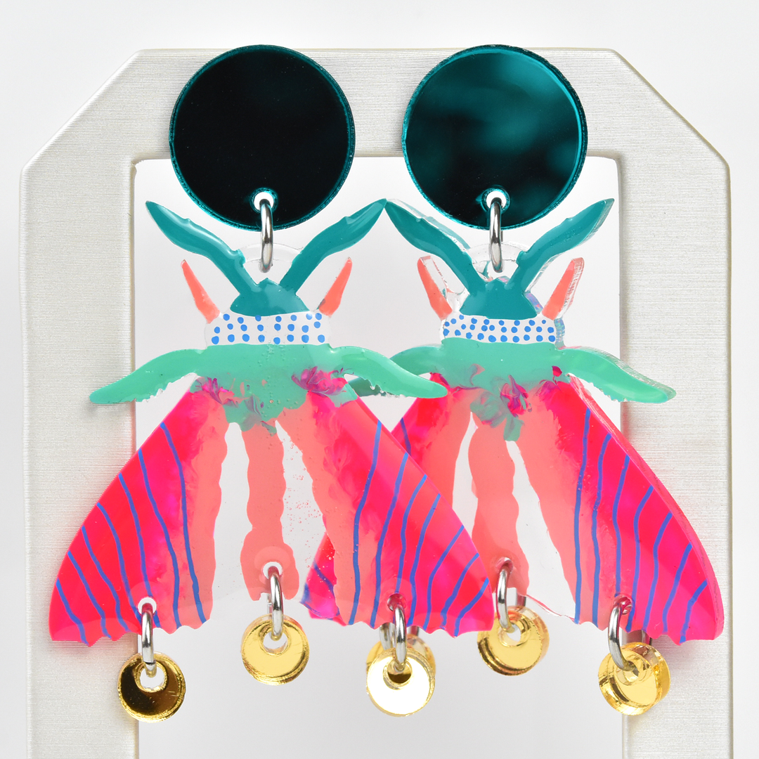 Neon Pink Geometric Moth Earrings - Goldmakers Fine Jewelry
