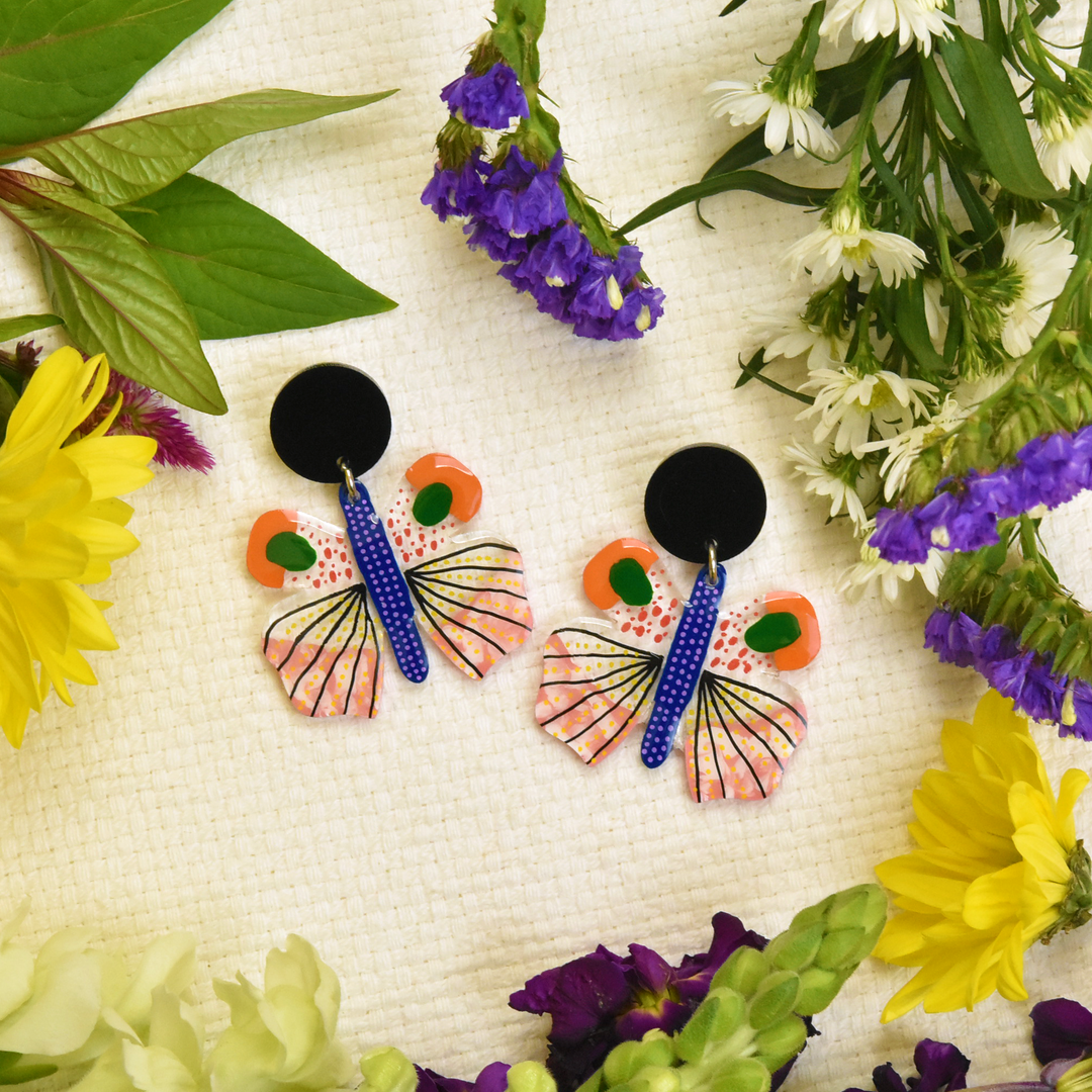 Orange and Black Geometric Moth Earrings - Goldmakers Fine Jewelry