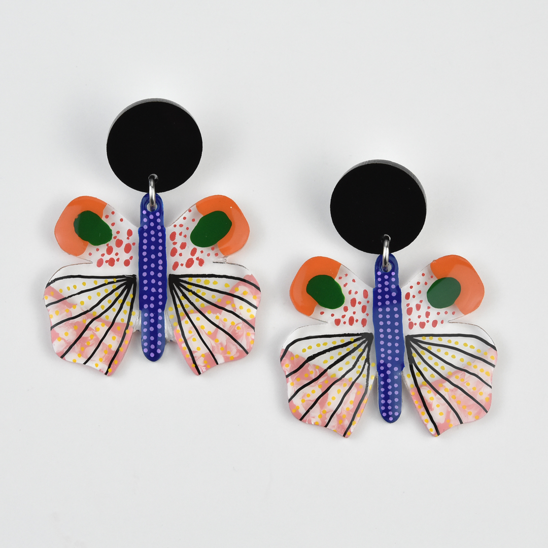 Orange and Black Geometric Moth Earrings - Goldmakers Fine Jewelry
