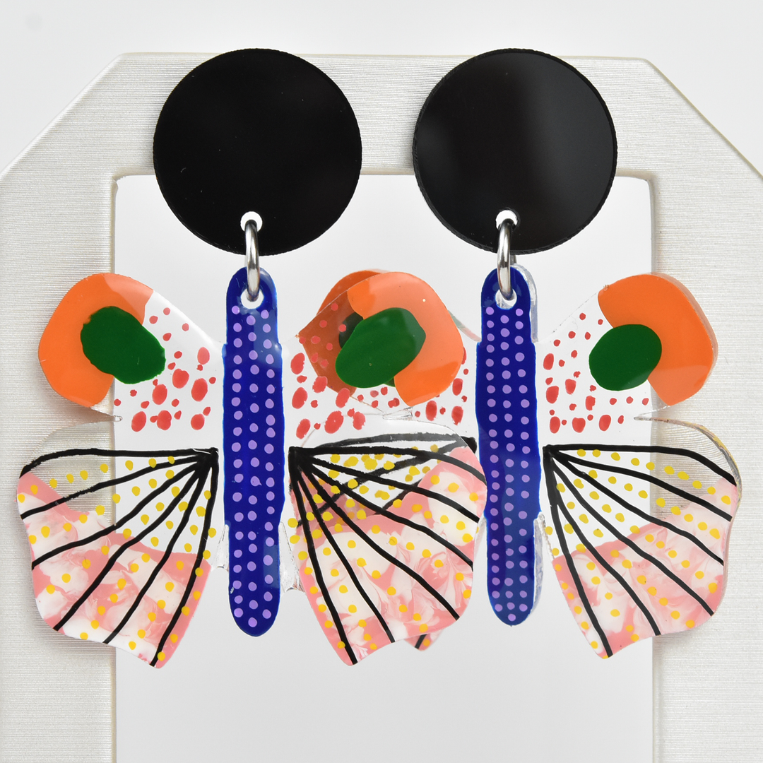 Orange and Black Geometric Moth Earrings - Goldmakers Fine Jewelry
