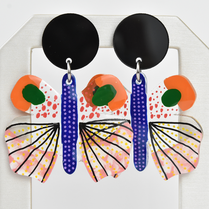 Orange and Black Geometric Moth Earrings - Goldmakers Fine Jewelry