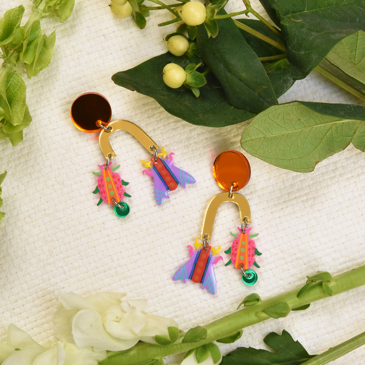 Orange Geometric Colorful Arch Insect Earrings - Goldmakers Fine Jewelry