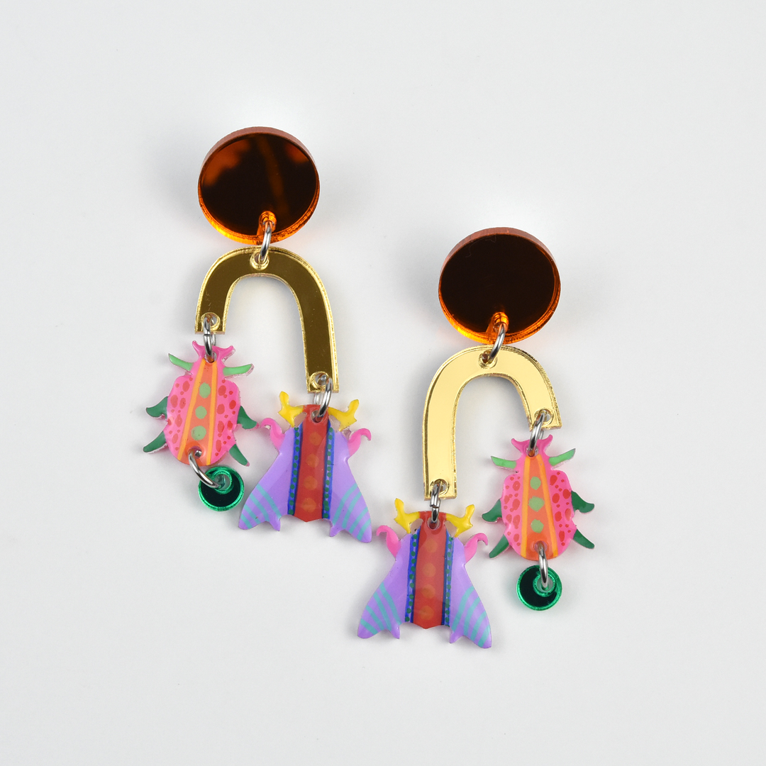 Orange Geometric Colorful Arch Insect Earrings - Goldmakers Fine Jewelry