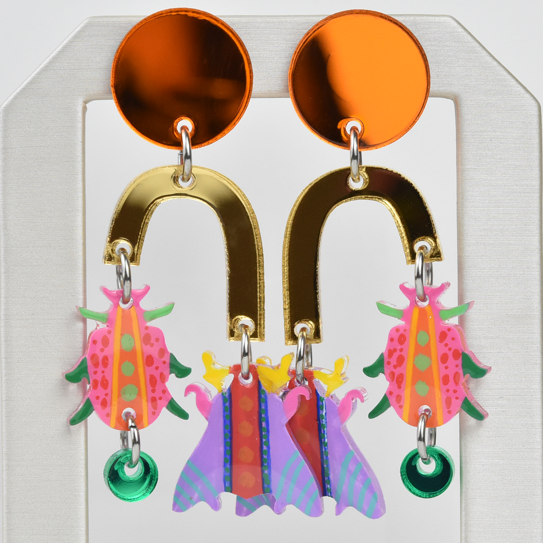 Orange Geometric Colorful Arch Insect Earrings - Goldmakers Fine Jewelry