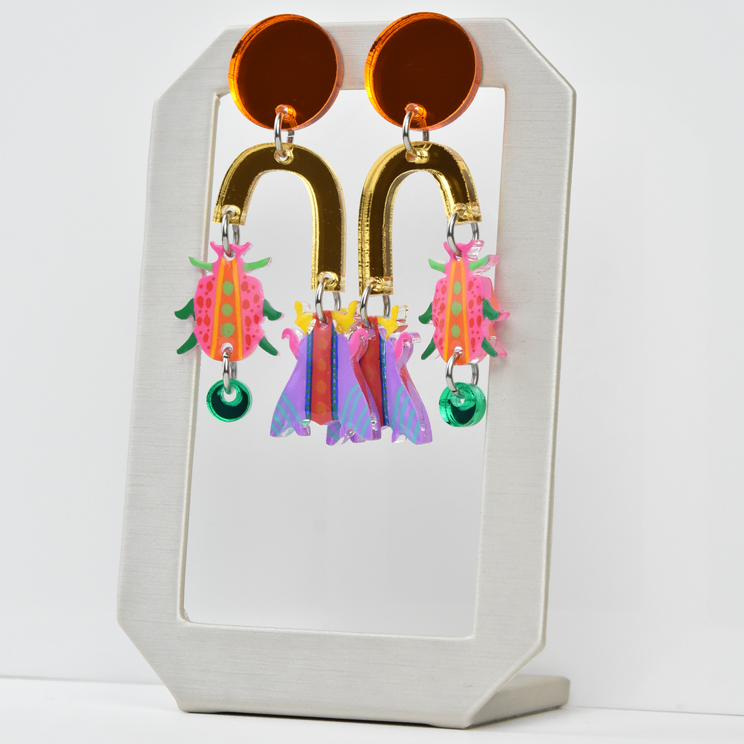Orange Geometric Colorful Arch Insect Earrings - Goldmakers Fine Jewelry
