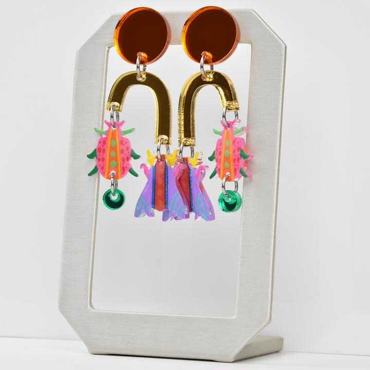 Orange Geometric Colorful Arch Insect Earrings - Goldmakers Fine Jewelry